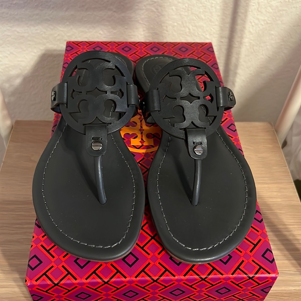 Tory Burch Miller Leather Sandal Dark Grey 7.5M